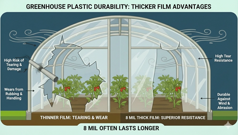 Diagram comparing how thicker film resists tearing and lasts longer in wind and handling.