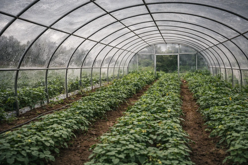 Close-up of greenhouse plastic stretched tight over hoops showing tension and clarity.