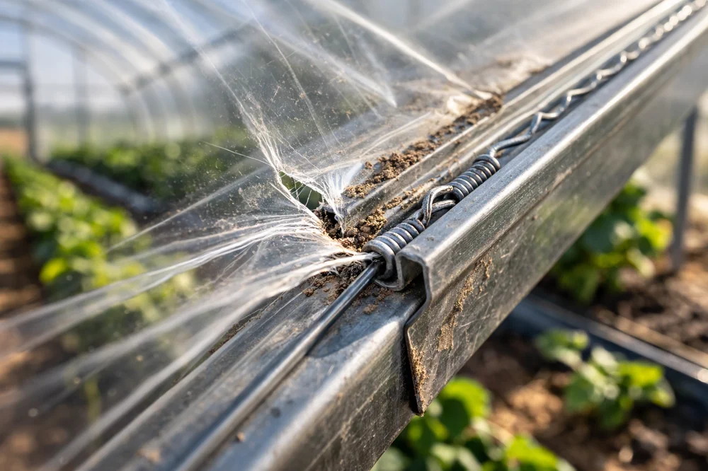 Close-up of greenhouse film secured in a lock channel with wiggle wire, showing a high-stress edge where tearing can start