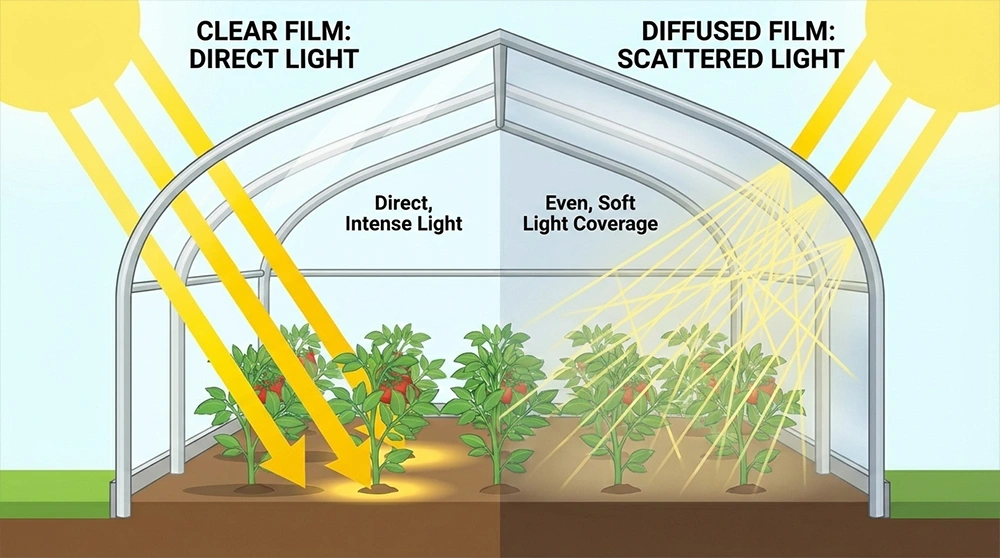 Clear vs diffused greenhouse plastic light distribution diagram