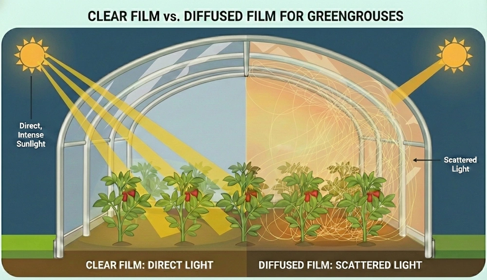 Diagram comparing direct light under clear film vs scattered light under diffused film