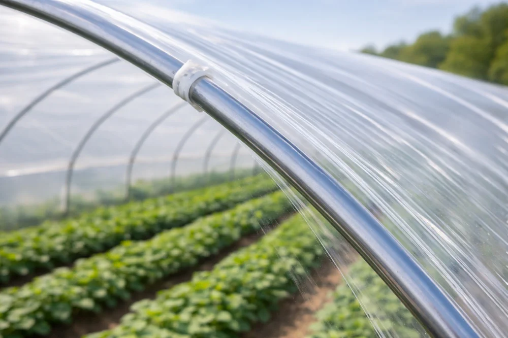 Close-up of greenhouse plastic film surface texture and seams