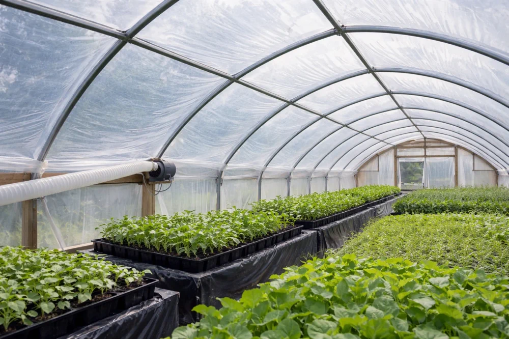 Double-layer greenhouse plastic interior showing inflated air gap between outer and inner film layers along structural ribs