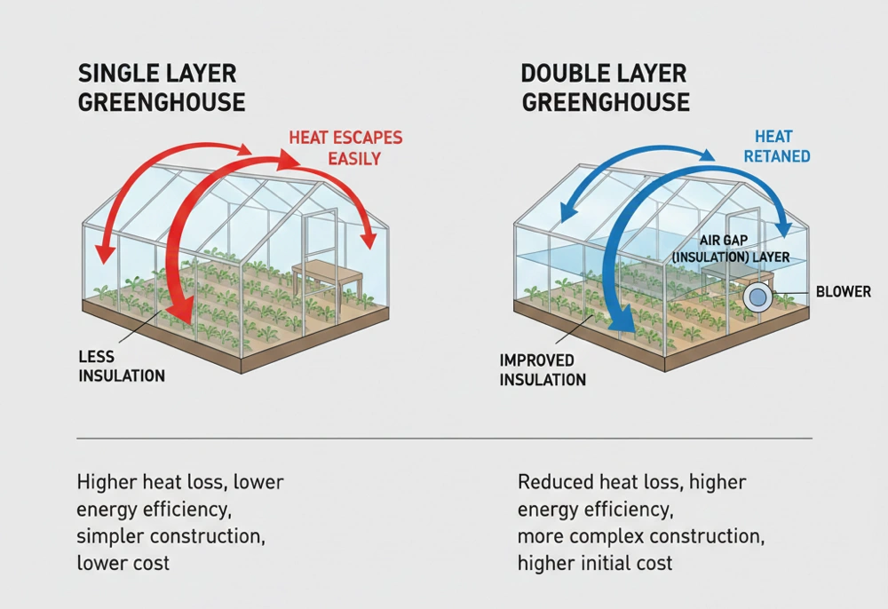 Diagram comparing heat loss from single-layer greenhouse film versus inflated double-layer film with an air gap
