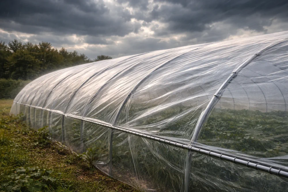Hoop house covered with tight greenhouse poly film under windy weather conditions, showing smooth tension and secure edges