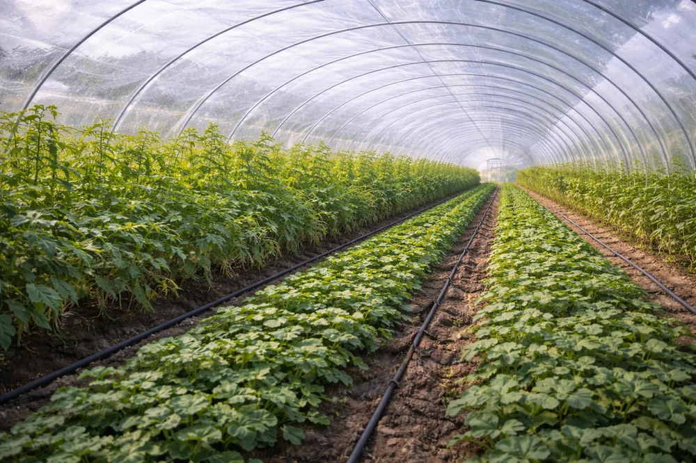 Interior view of a greenhouse showing plastic film cover and crop rows with stable overnight temperatures