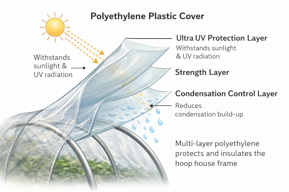Conceptual view: IRAC film helps reduce radiant heat loss at night compared to standard clear film (actual savings depend on structure and climate).
